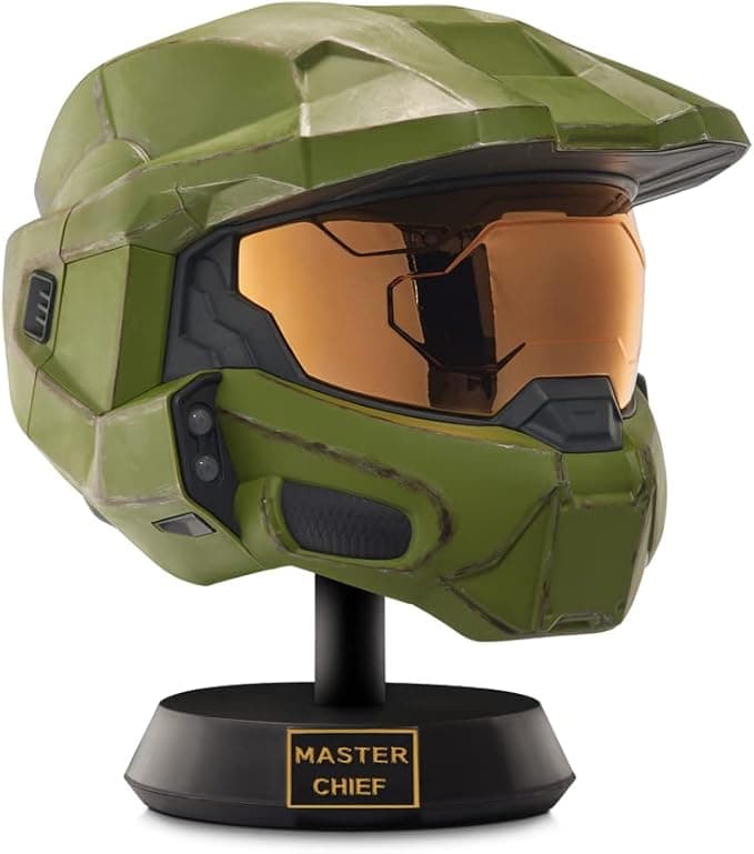 image-Master Chief Deluxe Helmet with Stand- Helmet with LED Lights on Each Side - Battle Damaged Paint - No SFX - One-Size-Fits-Most