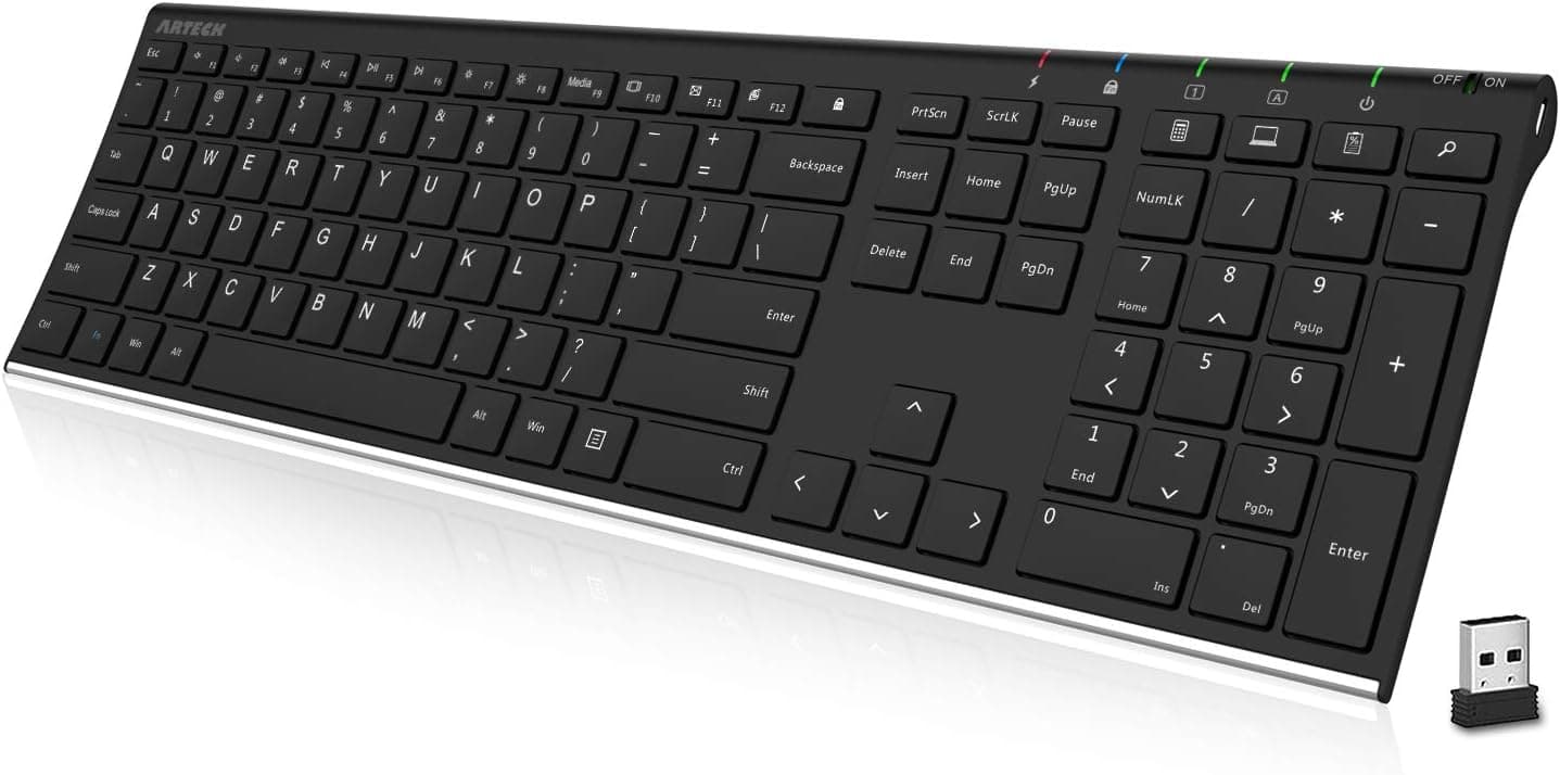 image-Arteck 2.4G Wireless Keyboard Stainless Steel Ultra Slim Full Size Keyboard with Numeric Keypad for Computer/Desktop/PC/Laptop/Surface/Smart TV and Windows 10/8/ 7 Built in Rechargeable Battery