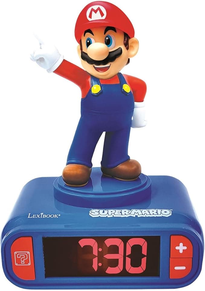 image-Lexibook, Super Mario, Mario Nightlight Alarm Clock, Sounds and Melodies, LCD Backlit Screen, Luminous, Snooze, Red/Blue, RL800NI