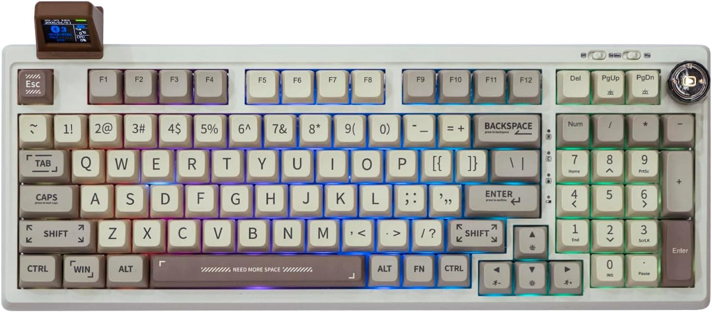 image-EPOMAKER RT100 Retro Gaming Keyboard with Display Screen, BT5.0/2.4G/USB-C, 97 Keys Gasket Custom Keyboard, Hot Swappable, RGB Backlit, with Knob for Win/Mac (Gateron Pro Yellow)