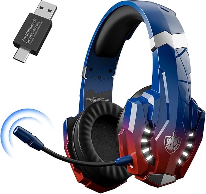 image-PHOINIKAS 2.4GHz Wireless Gaming Headset for PS5, PS4, PC, Switch, Gaming Over Ear Wireless Headphones with Noise Canceling Mic, 7.1 Stereo Sound, 40+Hr Battery -Dazzle Blue