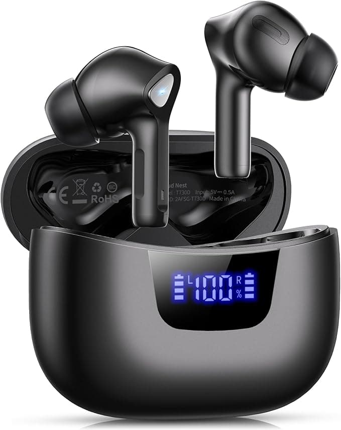 image-Wireless Earbuds Bluetooth V5.3 Headphones 50H Playback Deep Bass Stereo Ear Buds with LED Power Display Charging Case IPX7 Waterproof Earphones with Mic Headset for Laptop Pad Android/iOS Phones