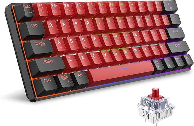 image-Snpurdiri 60% Wired Mechanical Keyboard, Mini Gaming Keyboard with 61 Keys for PC, Windows XP, Win 7, Win 10 (Black-Red, Red Switches)