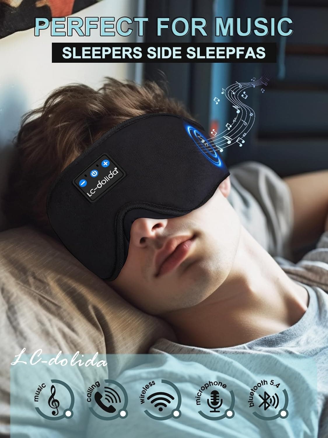 image-LC-dolida Sleep Headphones, 3D Sleep Mask Bluetooth Wireless Music Eye Mask.
