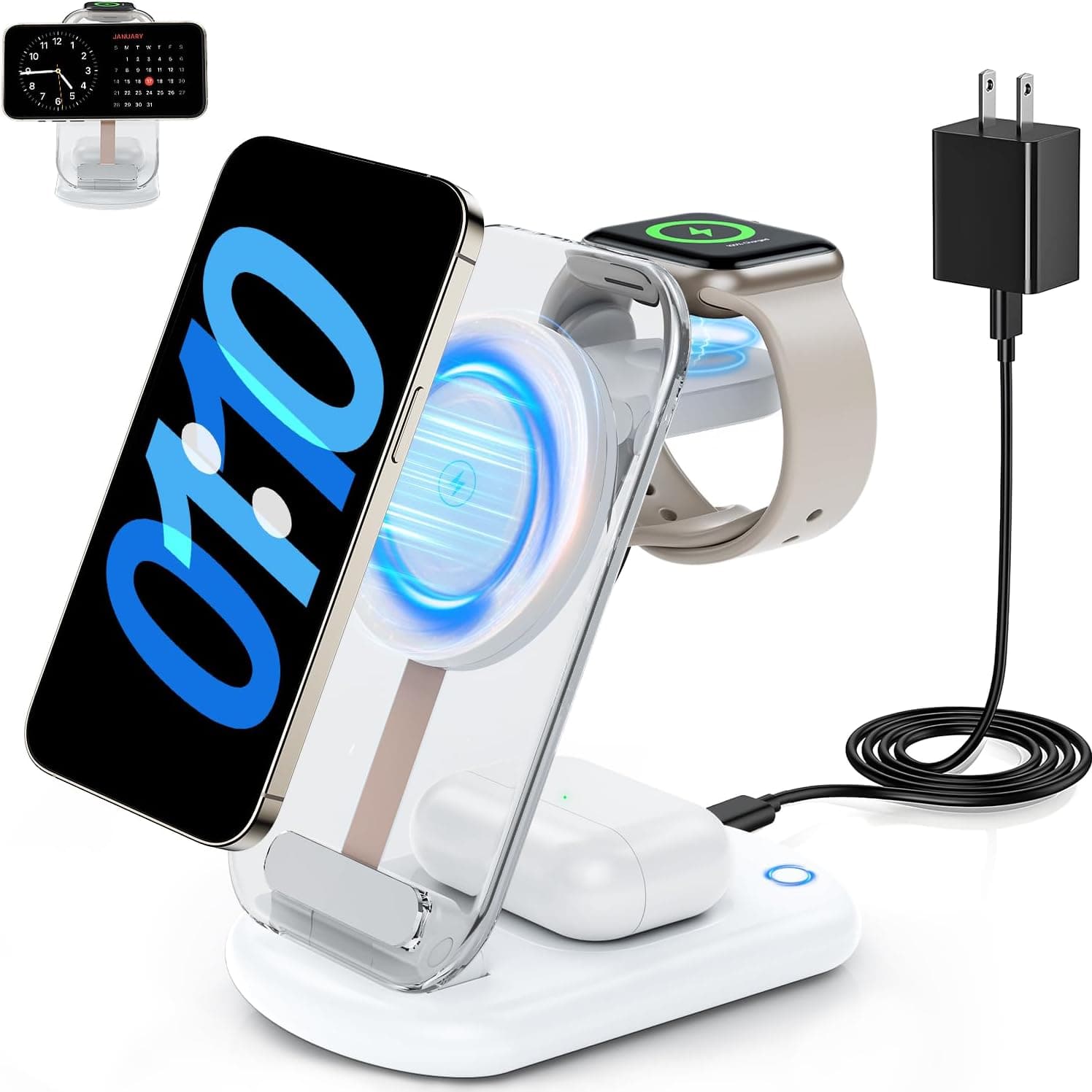 image-2025 Traveling Portable Wireless Magsafe Fast Charging Station,Magnetic 3 in 1 Charger with Light for iPhone 16 15 14 13 12 Pro Max Plus,Apple Watch Series & Air pods 4 3 2 Pro-Gifts for Family(White)