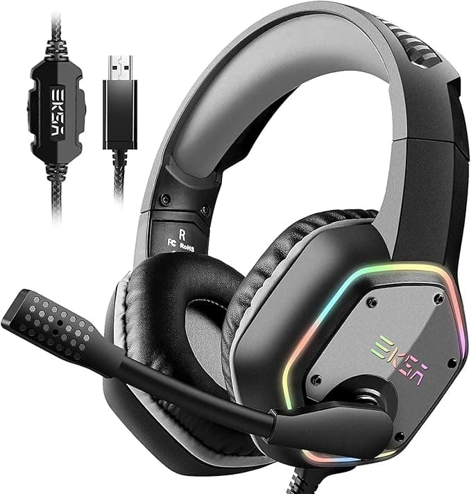image-EKSA E1000 USB Gaming Headset for PC, Computer Headphones with Microphone/Mic Noise Cancelling, 7.1 Surround Sound, RGB Light - Wired Headphones for PS4, PS5 Console, Laptop, Call Center