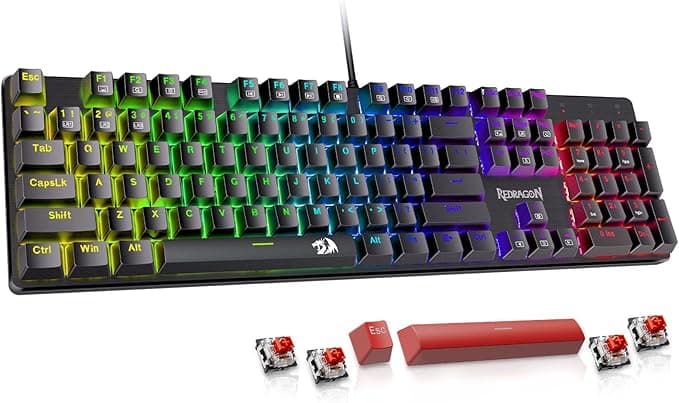 image-Redragon Mechanical Gaming Keyboard Wired, 11 Programmable Backlit Modes, Hot-Swappable Red Switch, Anti-Ghosting, Double-Shot PBT Keycaps, Light Up Keyboard for PC Mac