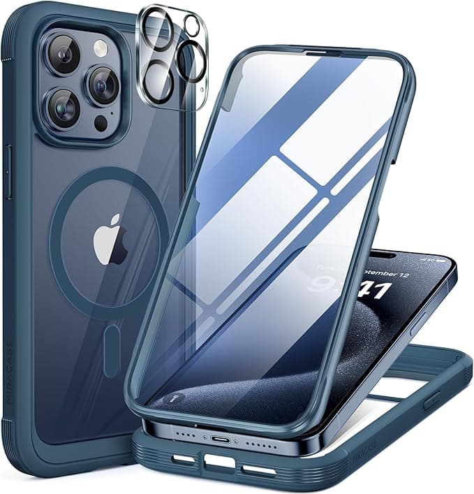 image-Miracase Magnetic for iPhone 15 Pro Case [Compatible with MagSafe] Full-Body Phone case with Built-in Glass Screen Protector& Camera Protector, Military Drop Proof 15 Pro Cover 6.1 inch, Storm Blue