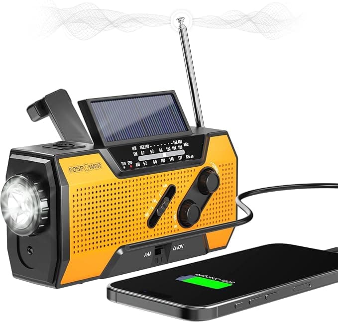 image-FosPower Emergency Weather Radio (Model A1) NOAA/AM/FM with 7400mWh Portable Power Bank, USB/Solar/Hand Crank Charging, Battery Operated, SOS Alarm & Flashlight for Indoor/Outdoor Emergencies