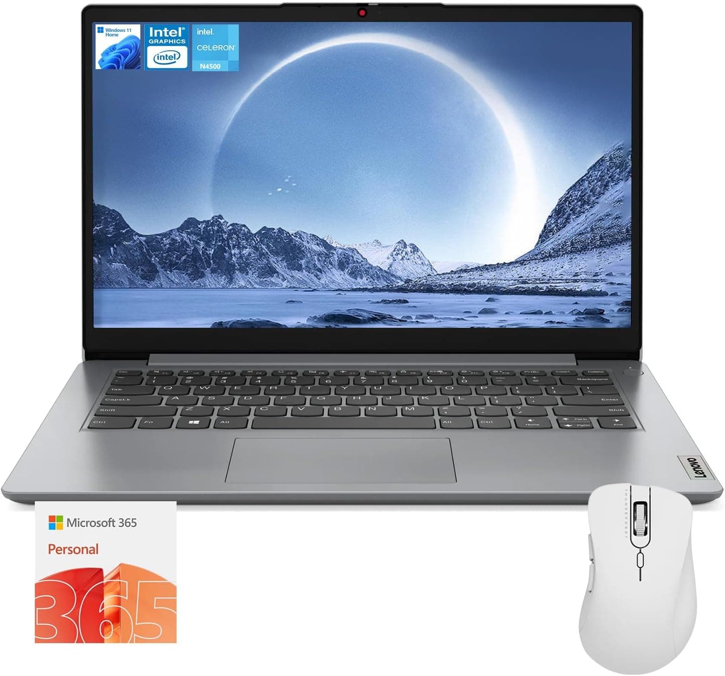 image-Lenovo IdeaPad 1 Everyday Laptop, 14 HD Display, 8GB RAM, 256GB Storage(128GB eMMC + 128GB PCIe), 1 Yr Office 365 Included, Intel Core Processor, Win 11 Home, Bundle with Thunderobot Wireless Mouse