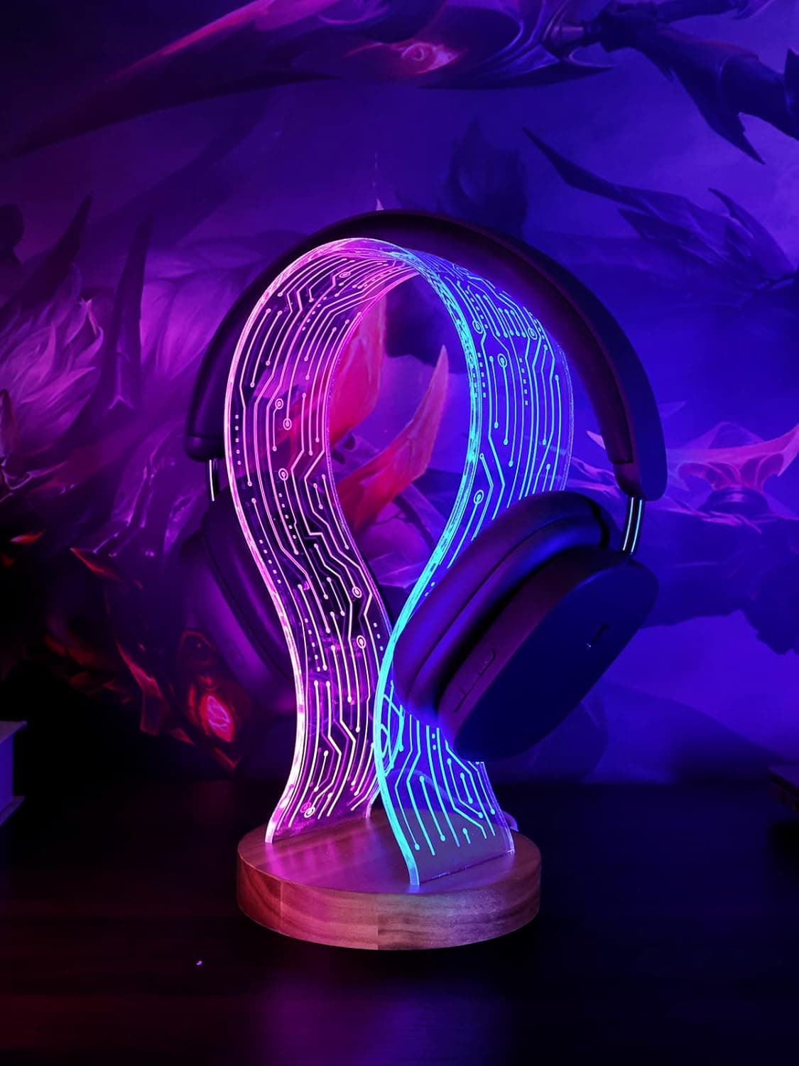 image-YuanDian Headphone Stand, Walnut Wood Headset Holder with Blue Pink LED Night Light for Gamers.