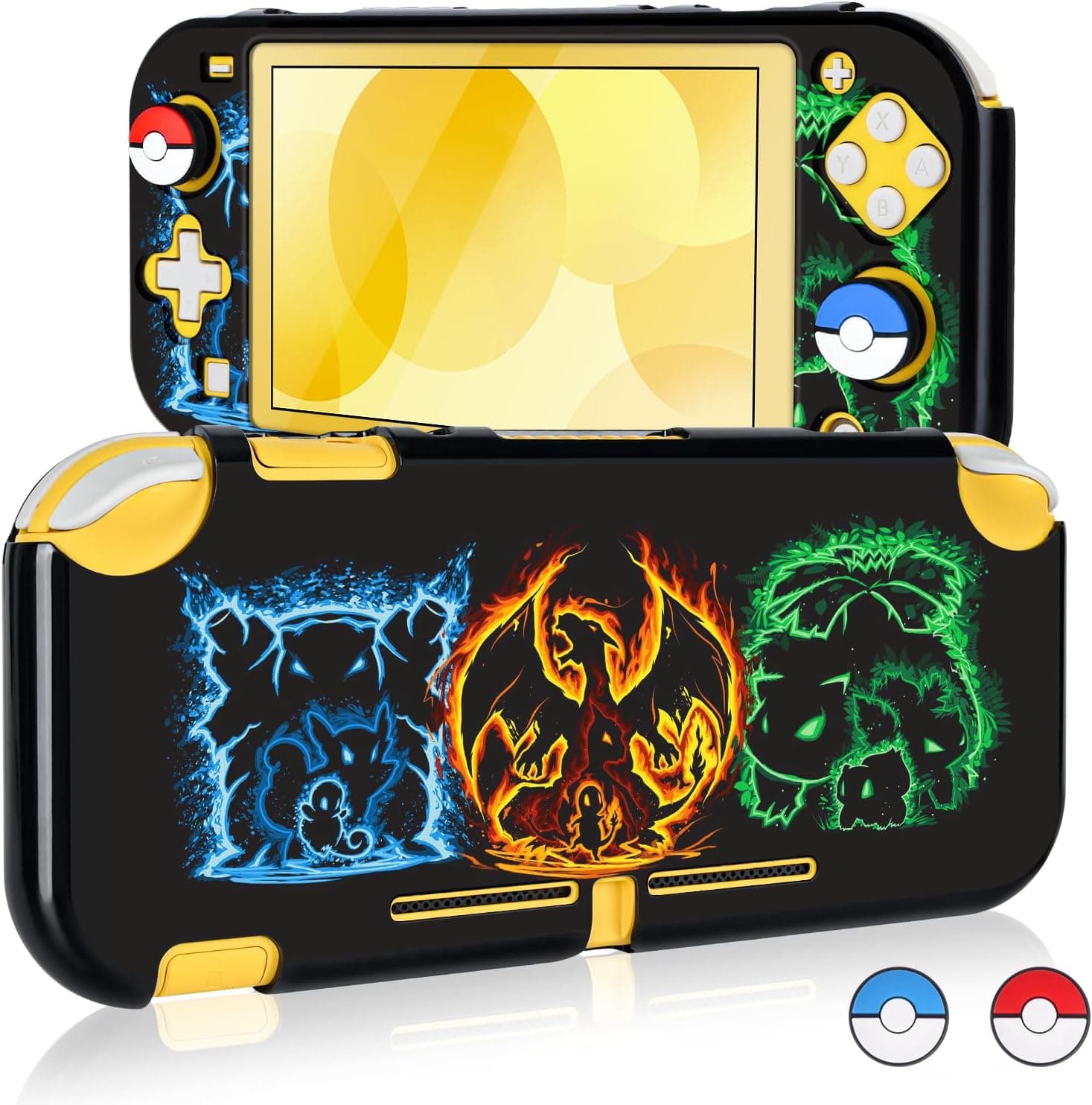 image-DLseego Cartoon Monster Switch Lite Protective Case Cool Soft TPU Shell Shockproof Scratch Resistant Cover Joy Con Japanese Amine Skin with 2PCS Blue and Red Balls Thumb Grips Caps for Switch 2019