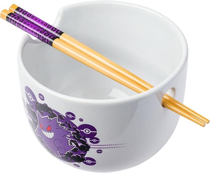 image-Silver Buffalo Pokemon Gengar Pokeball Ceramic Ramen Noodle Rice Bowl with Chopsticks, Microwave Safe, 20 Ounces