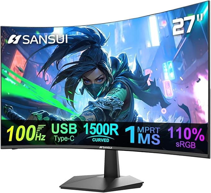 image-SANSUI Curved Monitor 27 inch 100Hz USB Type-C Computer Monitor with Speakers Built in丨FHD 1080p丨HDR丨110% sRGB丨1500R丨VESA Compatible,for Tablet,Desktop,Laptop and PC Work Gaming (ES-27C1)