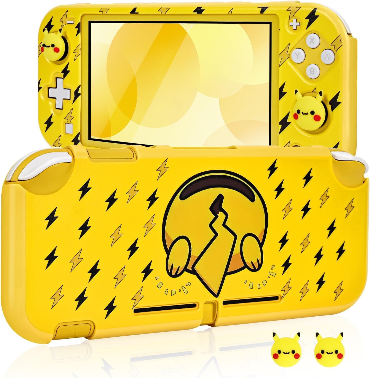 image-DLseego Flash Pika Switch Lite Protective Case Cool Hard PC Shell Shockproof Scratch Resistant Cover Joy Con Japanese Amine Skin with 2PCS Lovely Cartoon Thumb Grips Caps for Switch 2019 - Yellow 1