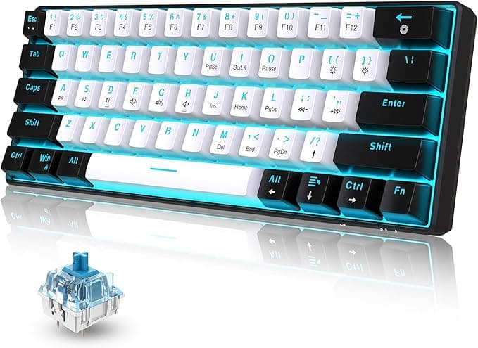 image-Snpurdiri 60% Wired Mechanical Gaming Keyboard, Ice Blue LED Backlit 61 Keys Mini Wired Office Keyboard for Windows Laptop PC Mac (Black-White, Blue Switches)
