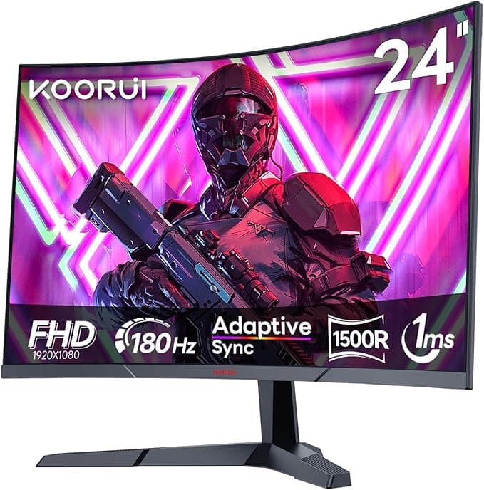 image-KOORUI 24 Inch Computer Monitor 180Hz FHD 1080P Curved Gaming Monitor, 1ms VA 1500R Display, Adaptive Sync, FreeSync Premium, Eye Care, DisplayPort & HDMI, VESA Compatible, Tilt Adjustable, Black