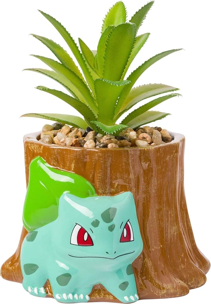 image-Silver Buffalo Pokemon Bulbasaur Tree Stump Mini Decorative Artificial Faux Greenery Plant in Ceramic