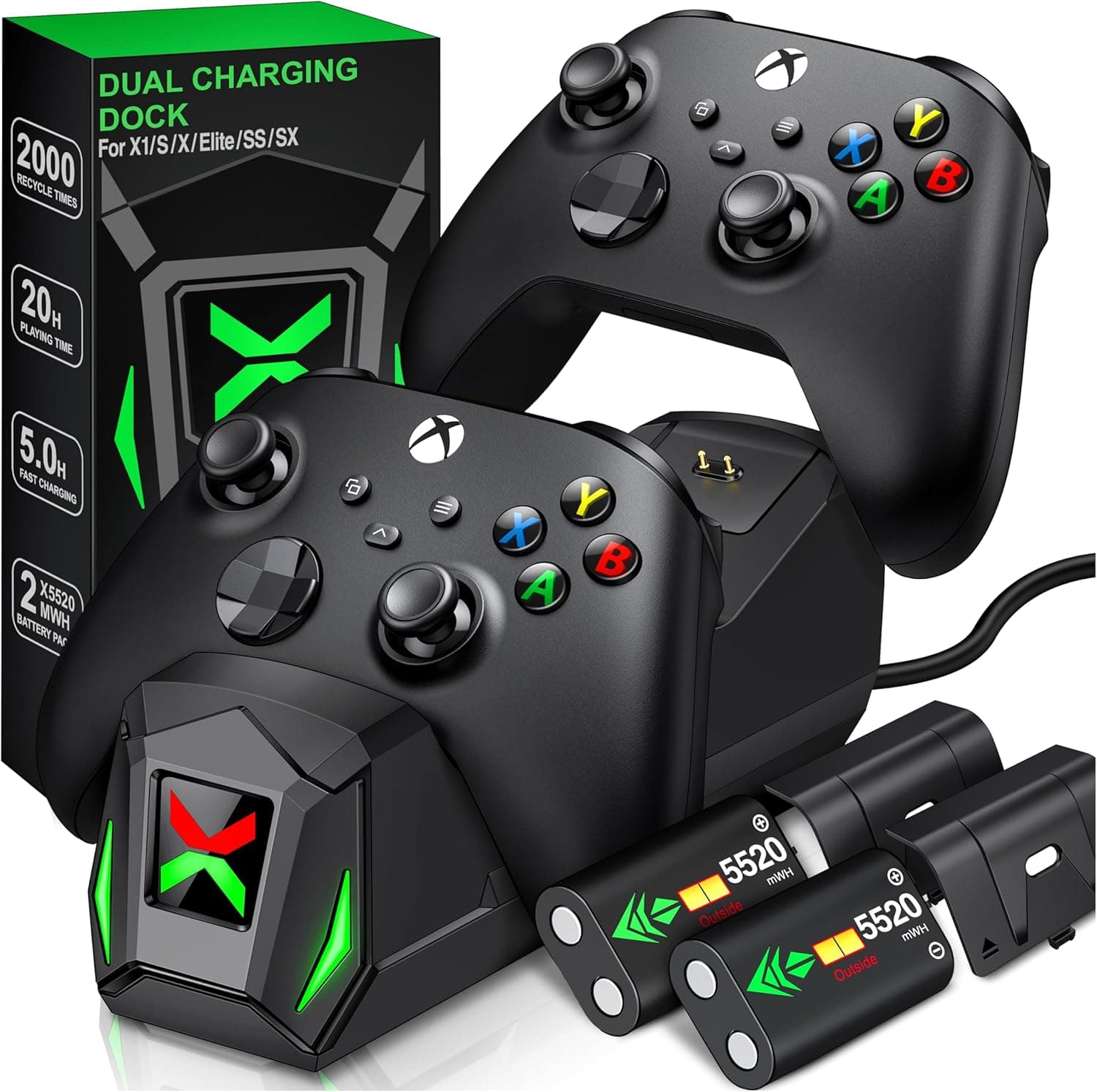 image-Upgraded Controller Charger Station with 2x5520mWh Rechargeable Battery Packs for Xbox One/Series X|S, Dual Charging Dock for Xbox One Battery Pack (Controller not Included)