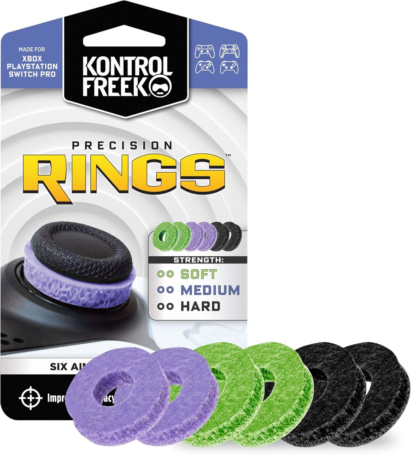 image-KontrolFreek Precision Rings | Aim Assist Motion Control for Playstation 4 (PS4), PS5, Xbox One, XBX, Switch Pro & Scuf Controller (Black/Purple/Green)