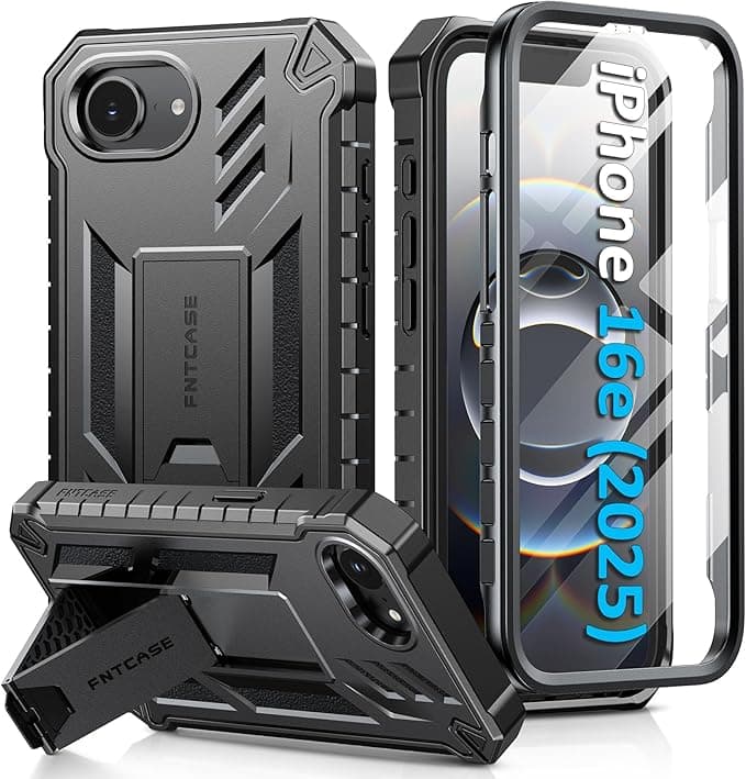 image-FNTCASE for iPhone 16e Phone Case: Military Grade Drop Proof Protection Mobile Cover with Kickstand | Matte Textured Rugged Shockproof TPU | Protective Sturdy iPhone 16e Cases 2025 - Black
