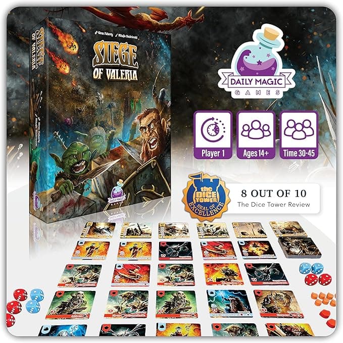 image-Siege of Valeria Board Game - Tower Defense Solo Board Game with Dice Rolling and Combo Cards. Single Player Fun with Fast Paced Gameplay