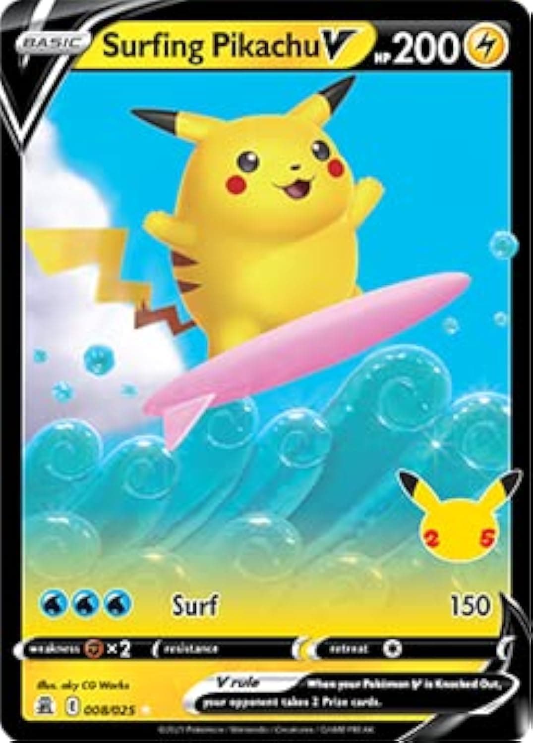 image-Pokémon Celebrations Surfing Pikachu V, 25th Anniversary Full Art Rare Holo + Surprise Card!