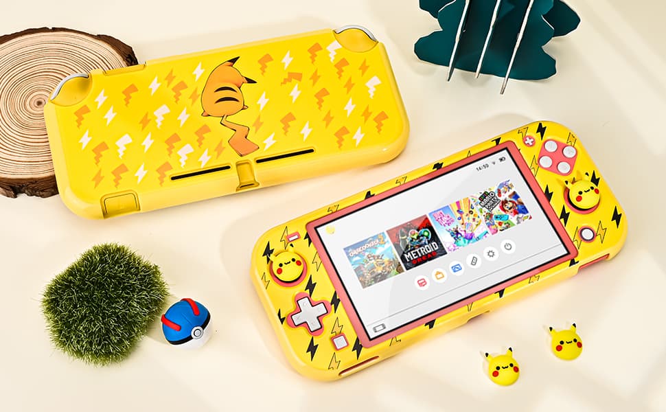 DLseego Flash Pika Switch Lite Protective Case Cool Hard PC Shell Shockproof Scratch Resistant Cover Joy Con Japanese Amine Skin with 2PCS Lovely Cartoon Thumb Grips Caps for Switch 2019 - Yellow 1 - Image 2